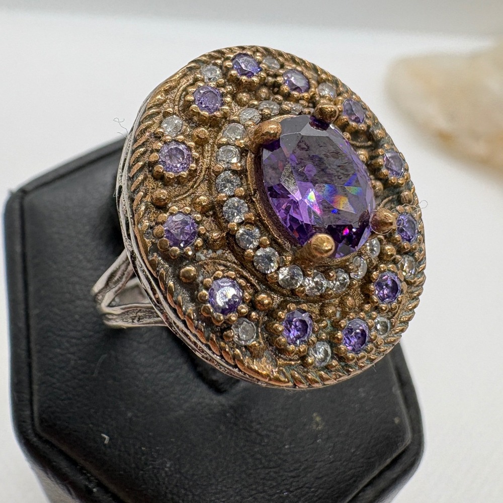 Vintage Sterling Silver Purple CZ Statement Ring Size 8.5 Ornate Cocktail 925
